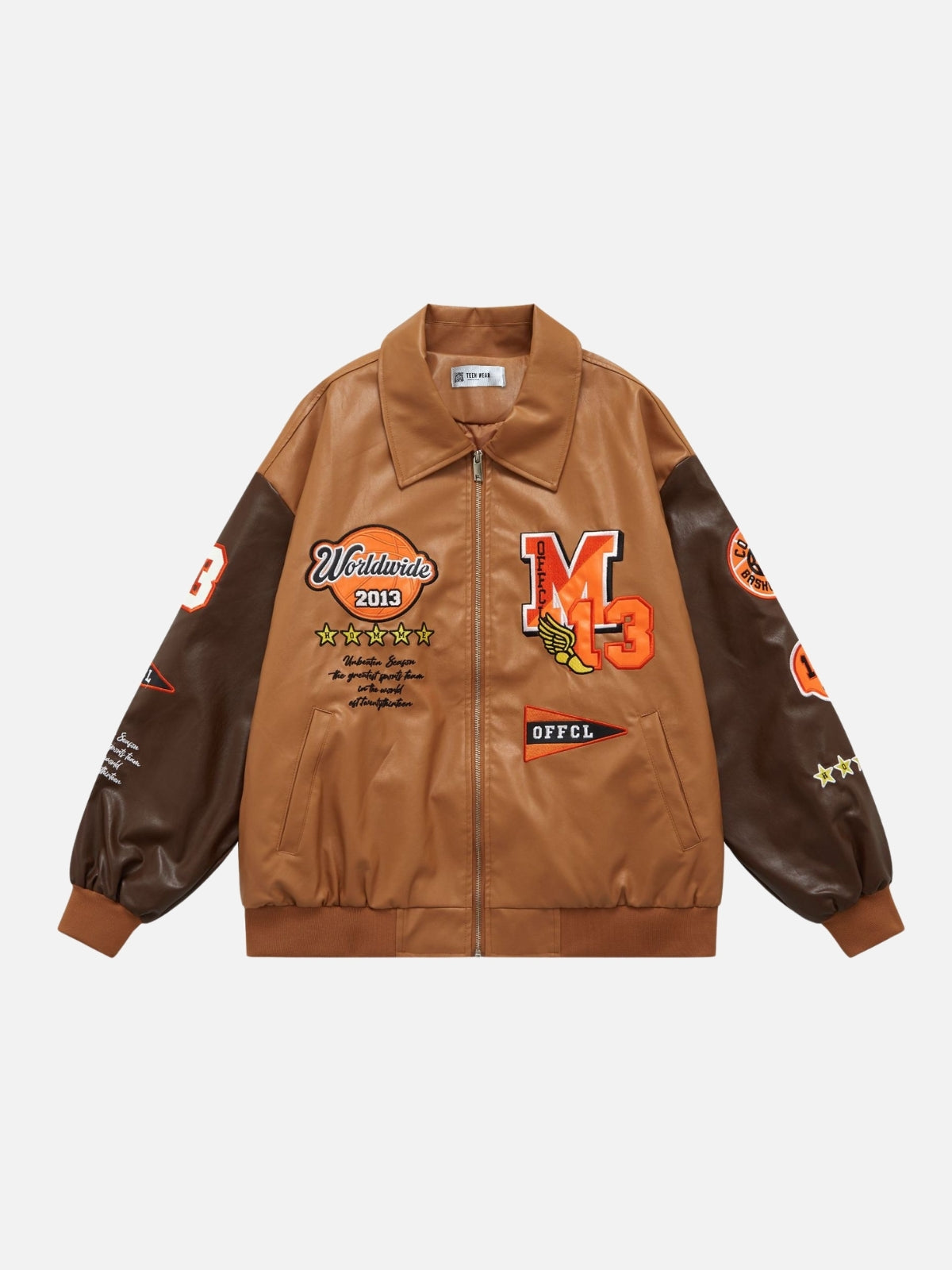 WORLDWIDE - Oversized Graphic Varsity Jacket Brown | TEENWEAR.EU