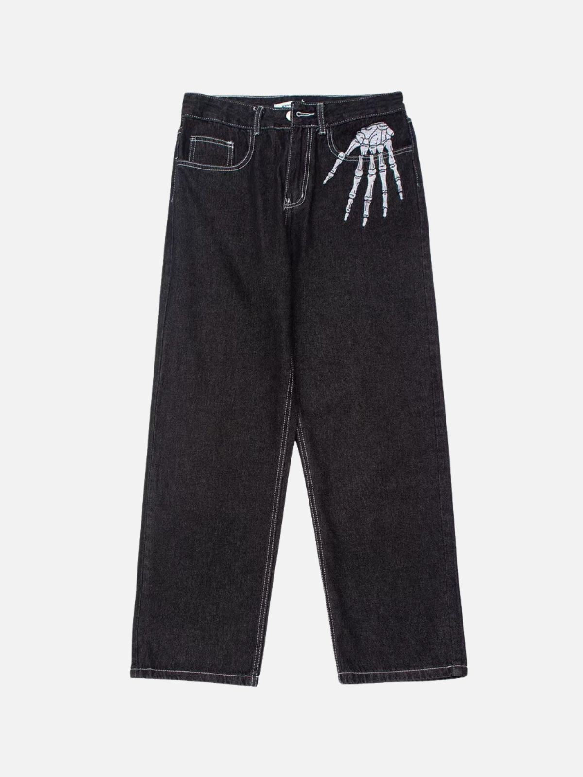 SKELE HAND - Baggy Embroidered Jeans Black | TEENWEAR.EU
