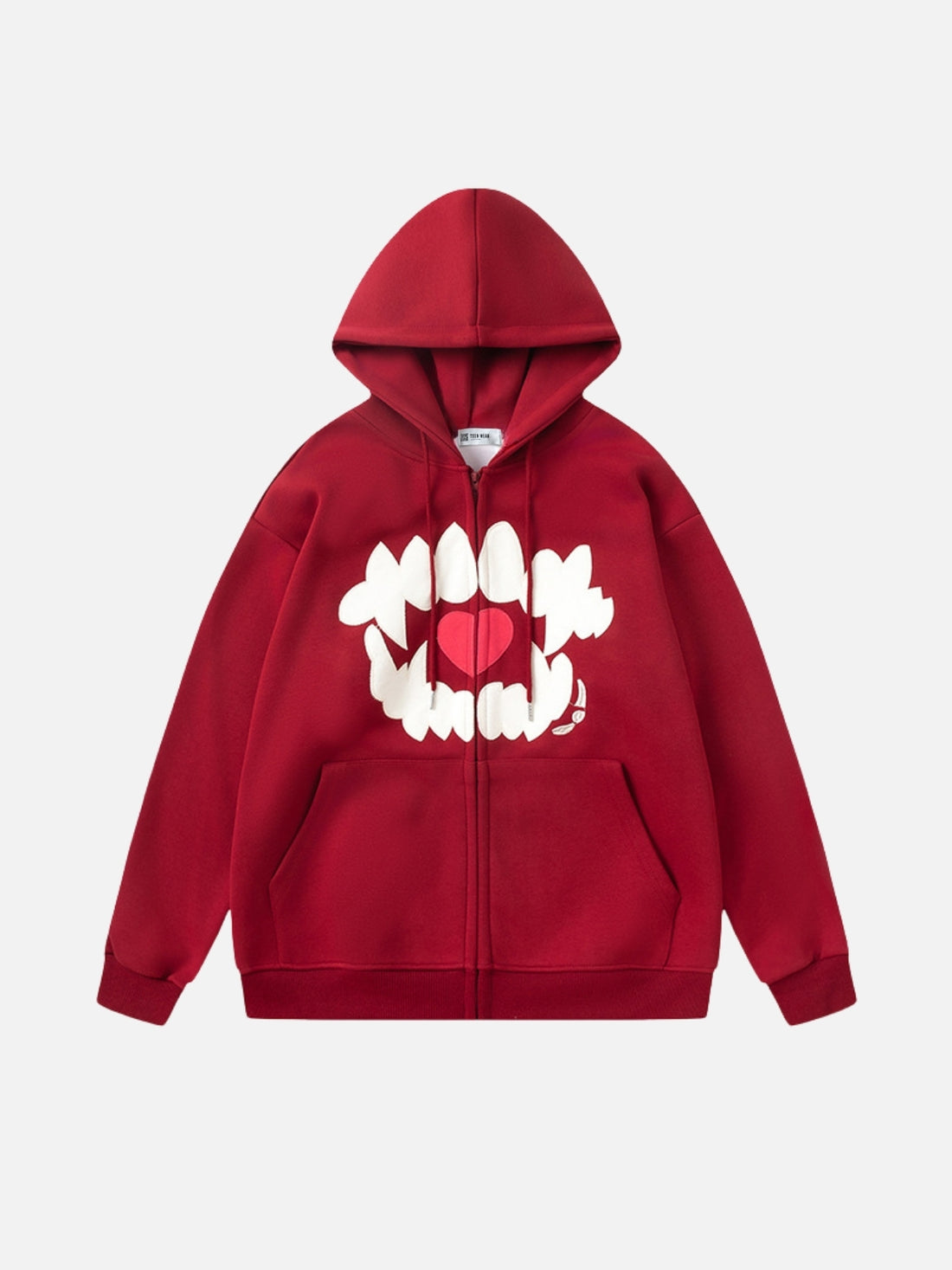 TEETH HEART - Oversized Embroidered Zip Up Hoodie Red | TEENWEAR.EU