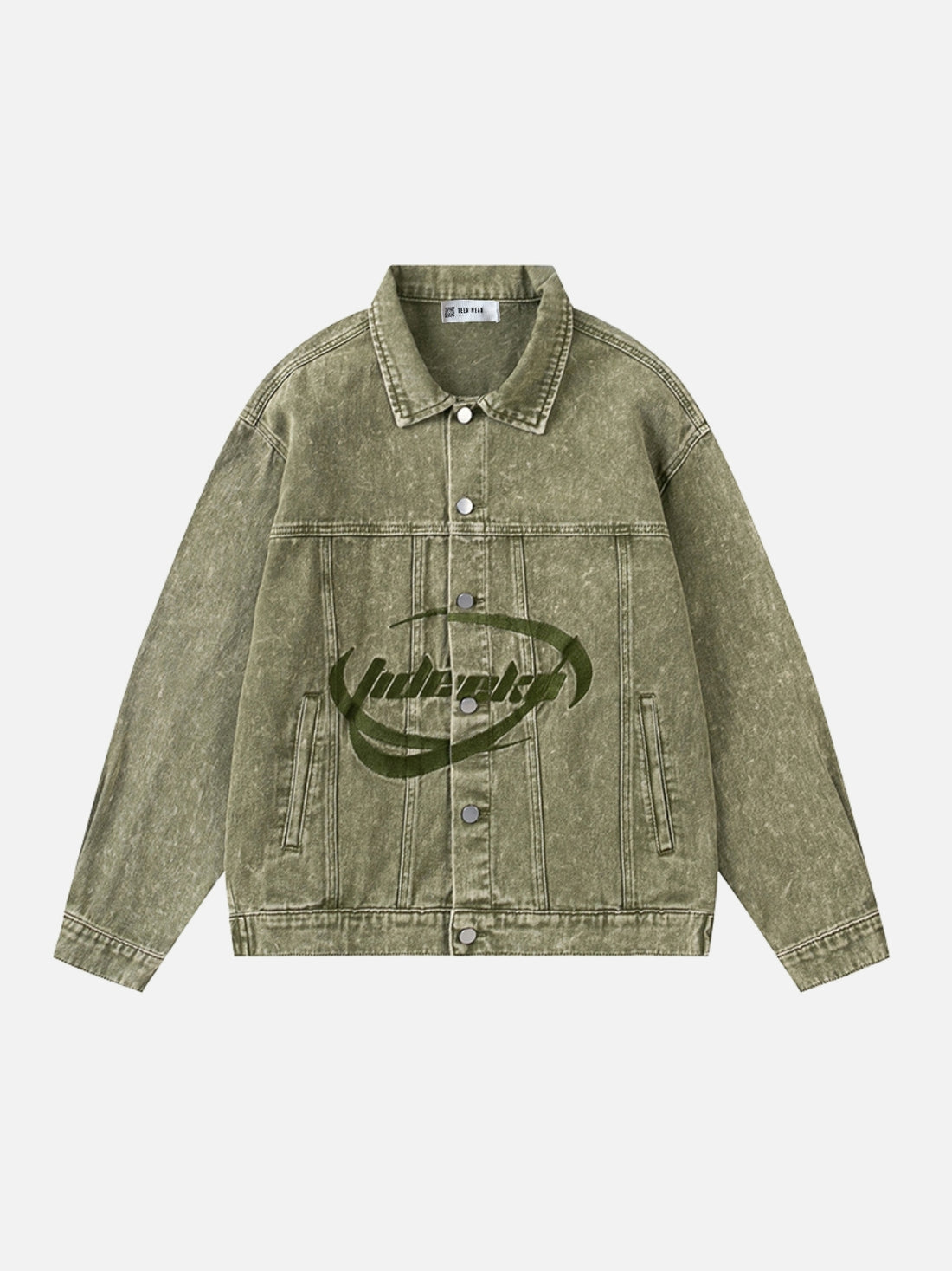 DECKU - Oversized Graphic Denim Jacket Green | TEENWEAR.EU