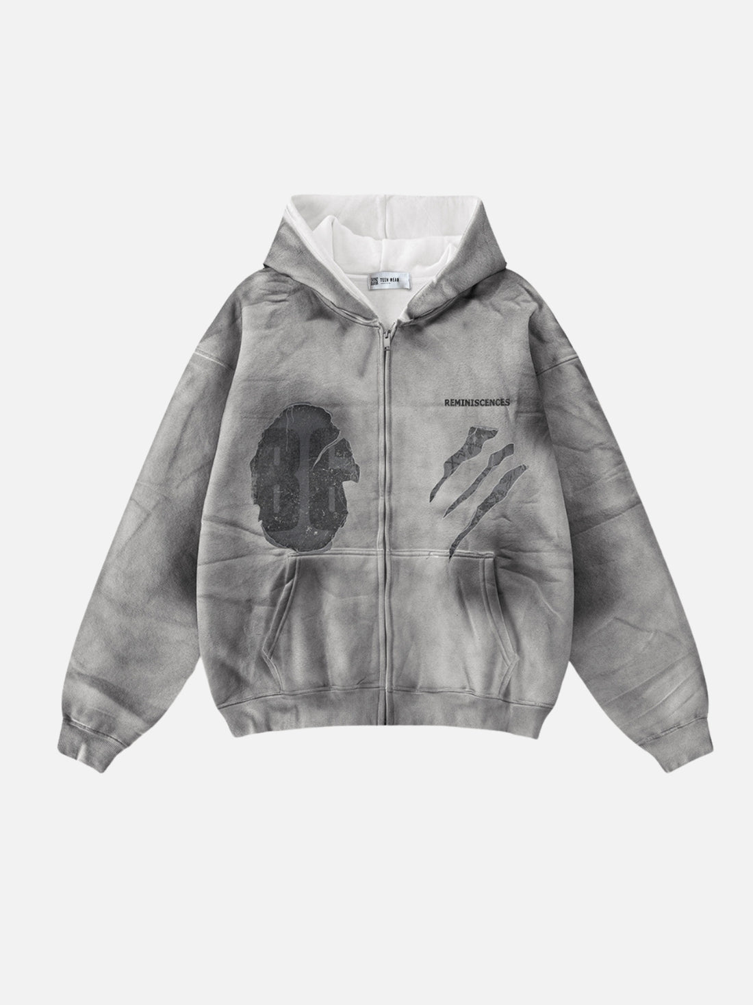 REMINI - Oversized Print Zip Up Hoodie Washed Grey | TEENWEAR.EU