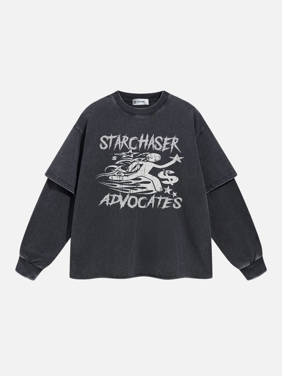 STARCHASER - Oversized Print Long Sleeved T-Shirt Washed Black | TEENWEAR.EU