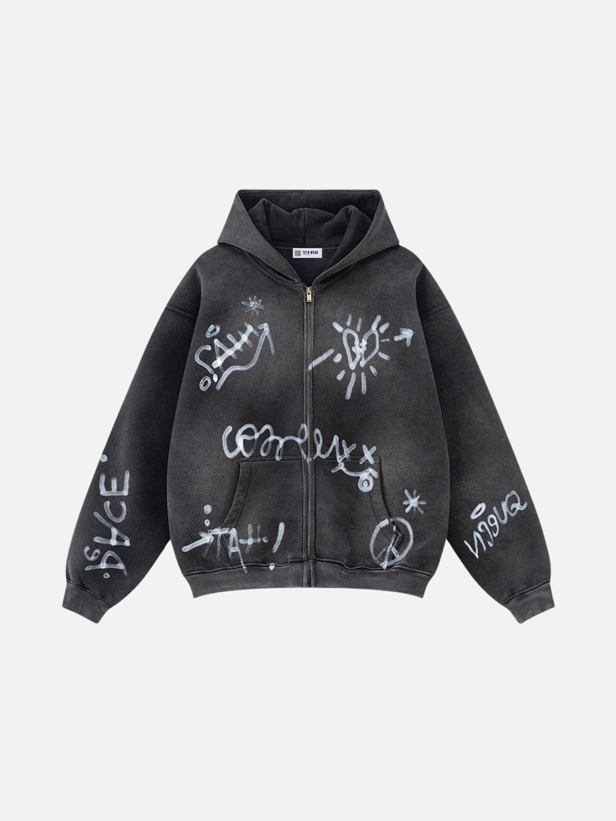 SYMBOLIKA - Oversized Print Zip Up Hoodie Washed Black | Teenwear.eu