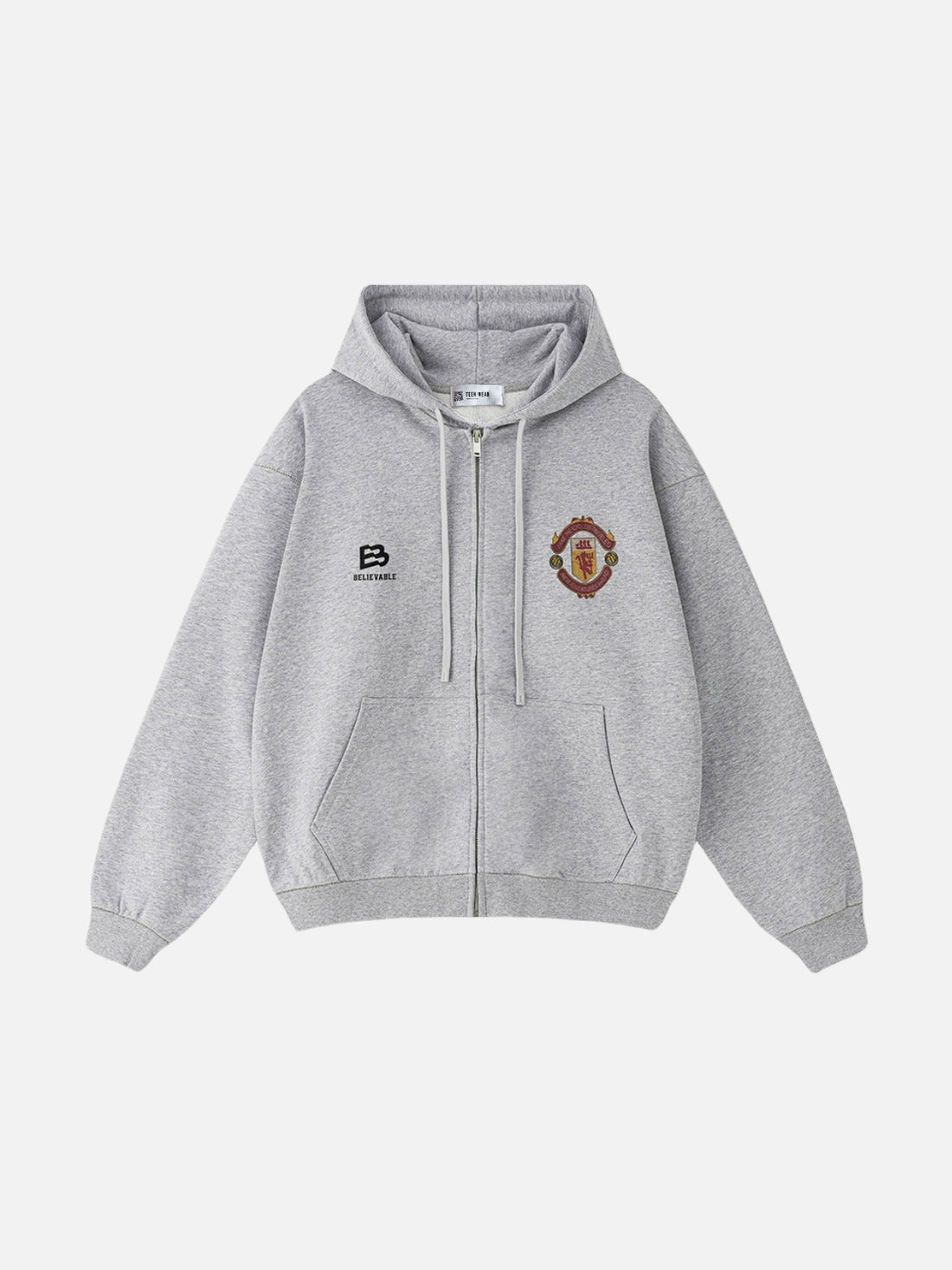 BELIEVABLE - Oversized Print Zip Up Hoodie Grey | TEENWEAR.EU