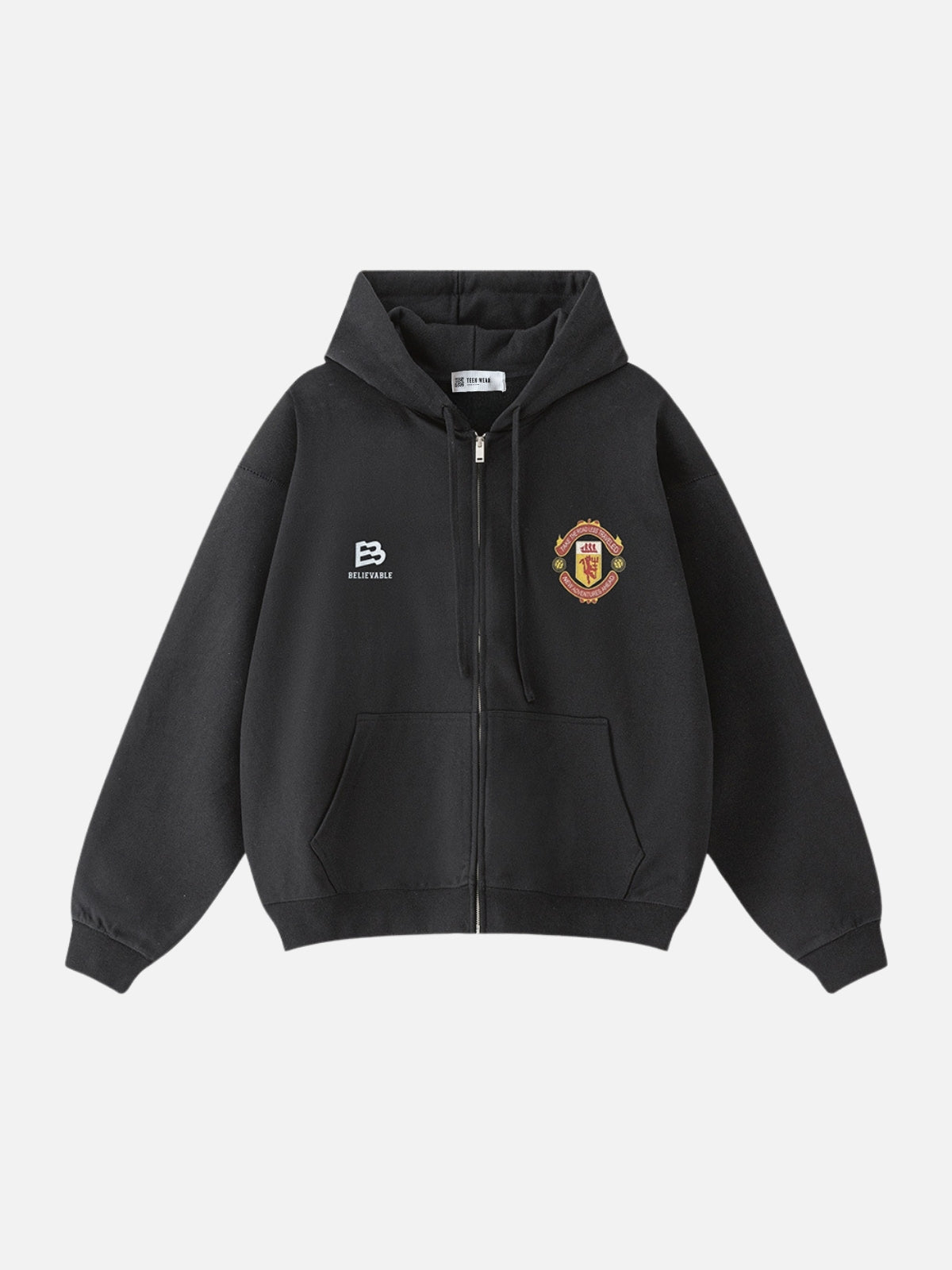 BELIEVABLE - Oversized Print Zip Up Hoodie Black | TEENWEAR.EU