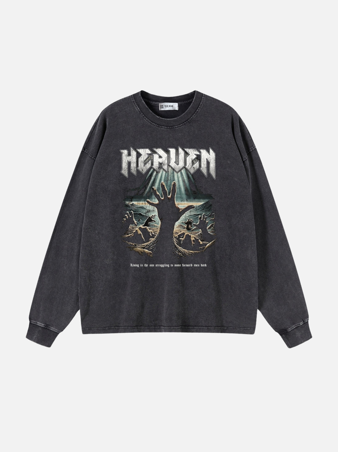 HEAVEN - Oversized Print Long Sleeved T-Shirt Washed Black | TEENWEAR.EU