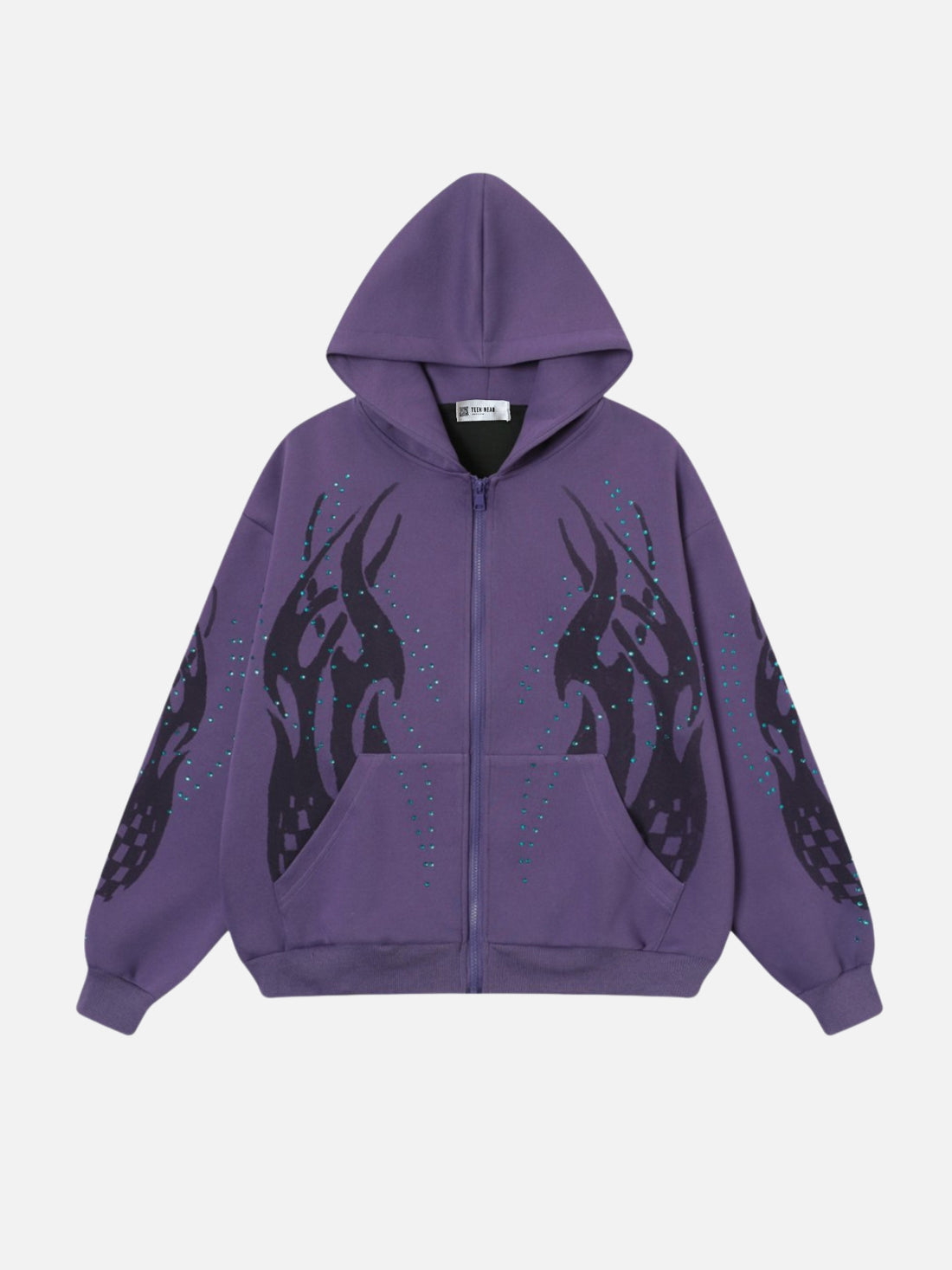 FIRODA - Oversized Rhinestone Zip Up Hoodie Grey | TEENWEAR.EU