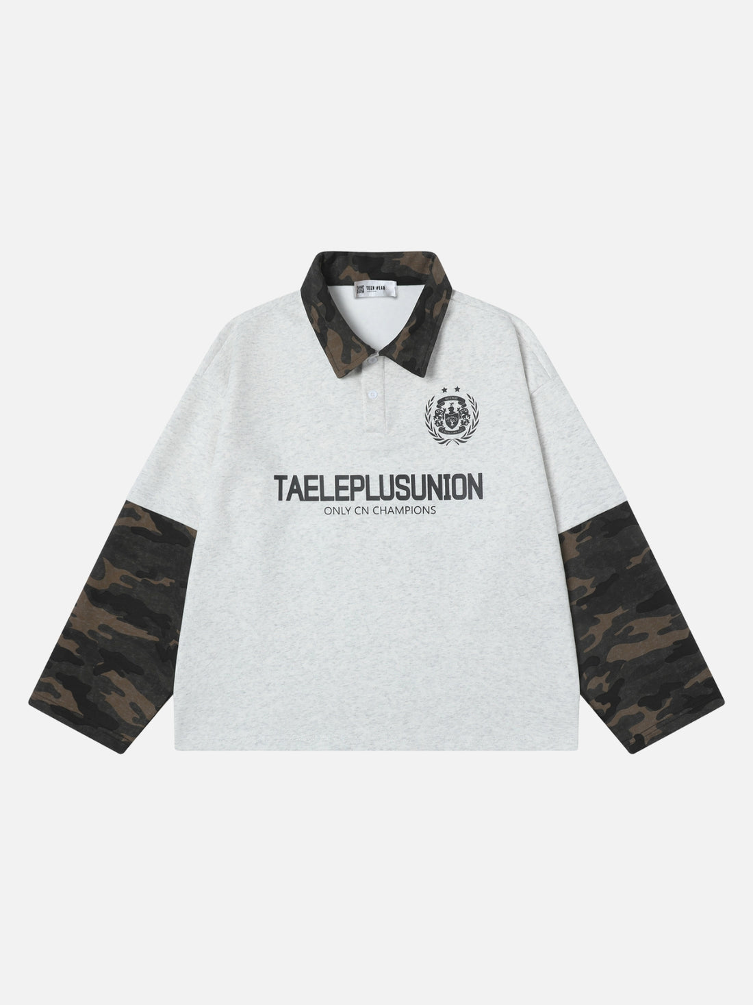PLUSUNION - Oversized Print Long Sleeved Polo T-Shirt Grey | TEENWEAR.EU