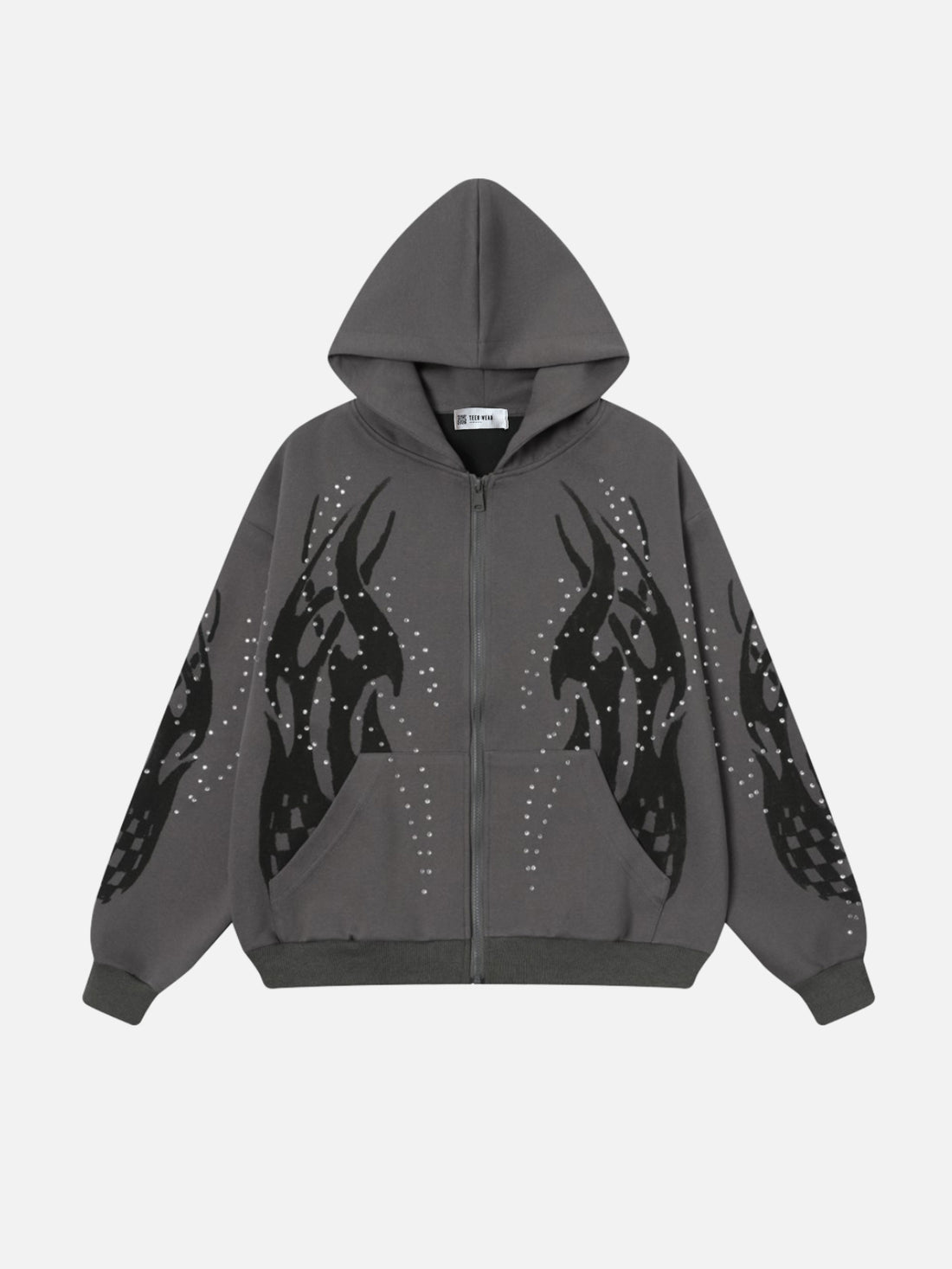 FIRODA - Oversized Rhinestone Zip Up Hoodie Grey | TEENWEAR.EU