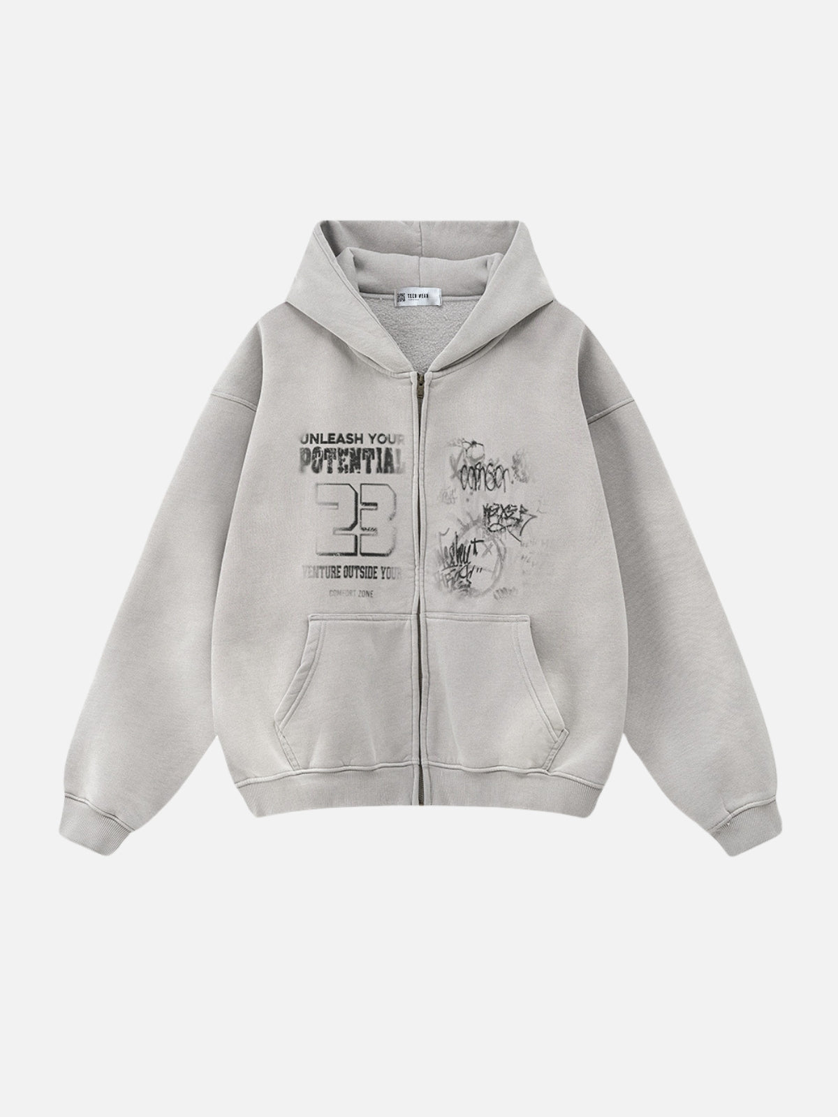 POTENTIAL - Oversized Print Zip Up Hoodie Grey | TEENWEAR.EU