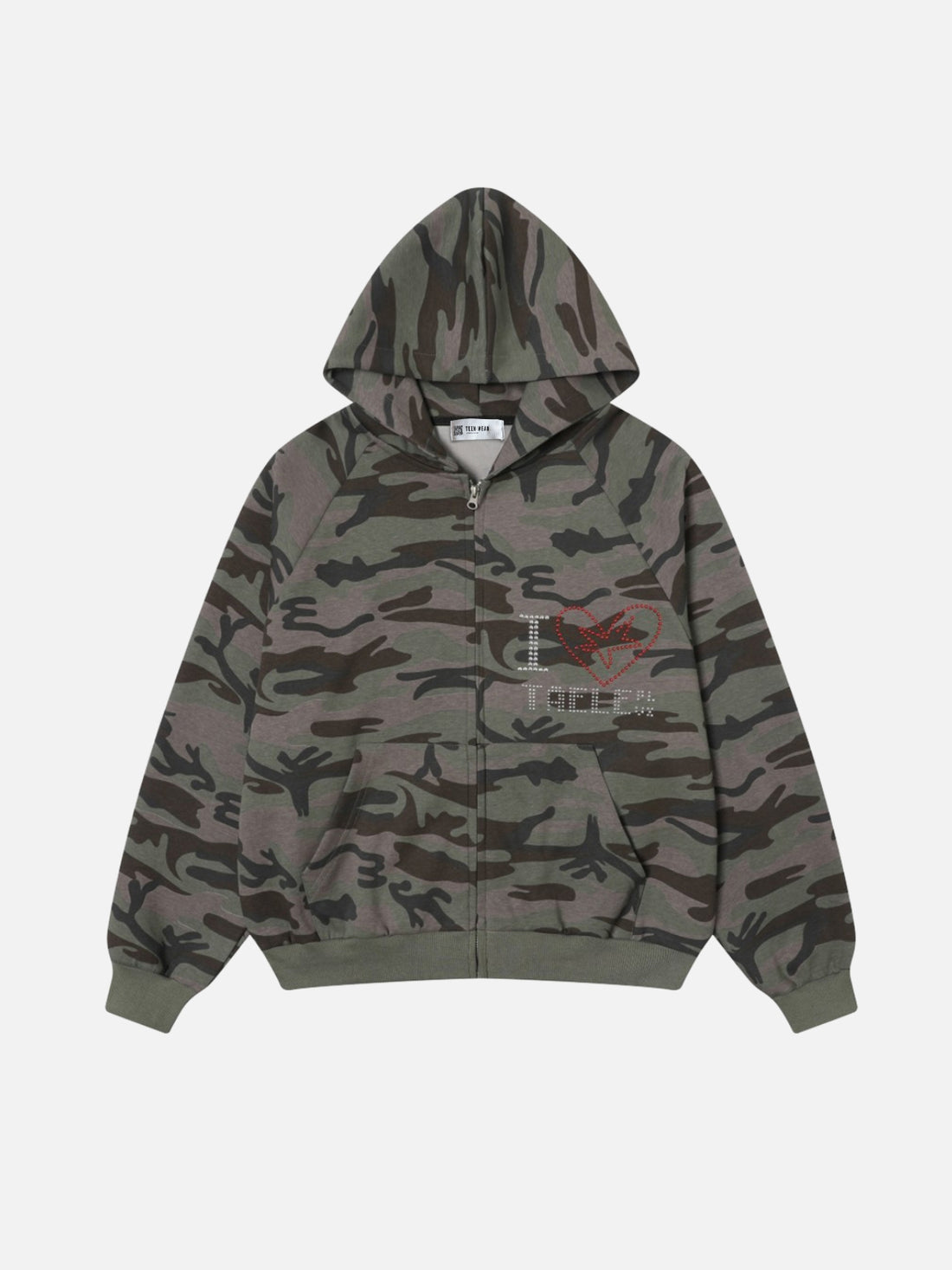 TAELAH - Oversized Camo Rhinestone Zip Up Hoodie Camoflauge | TEENWEAR.EU