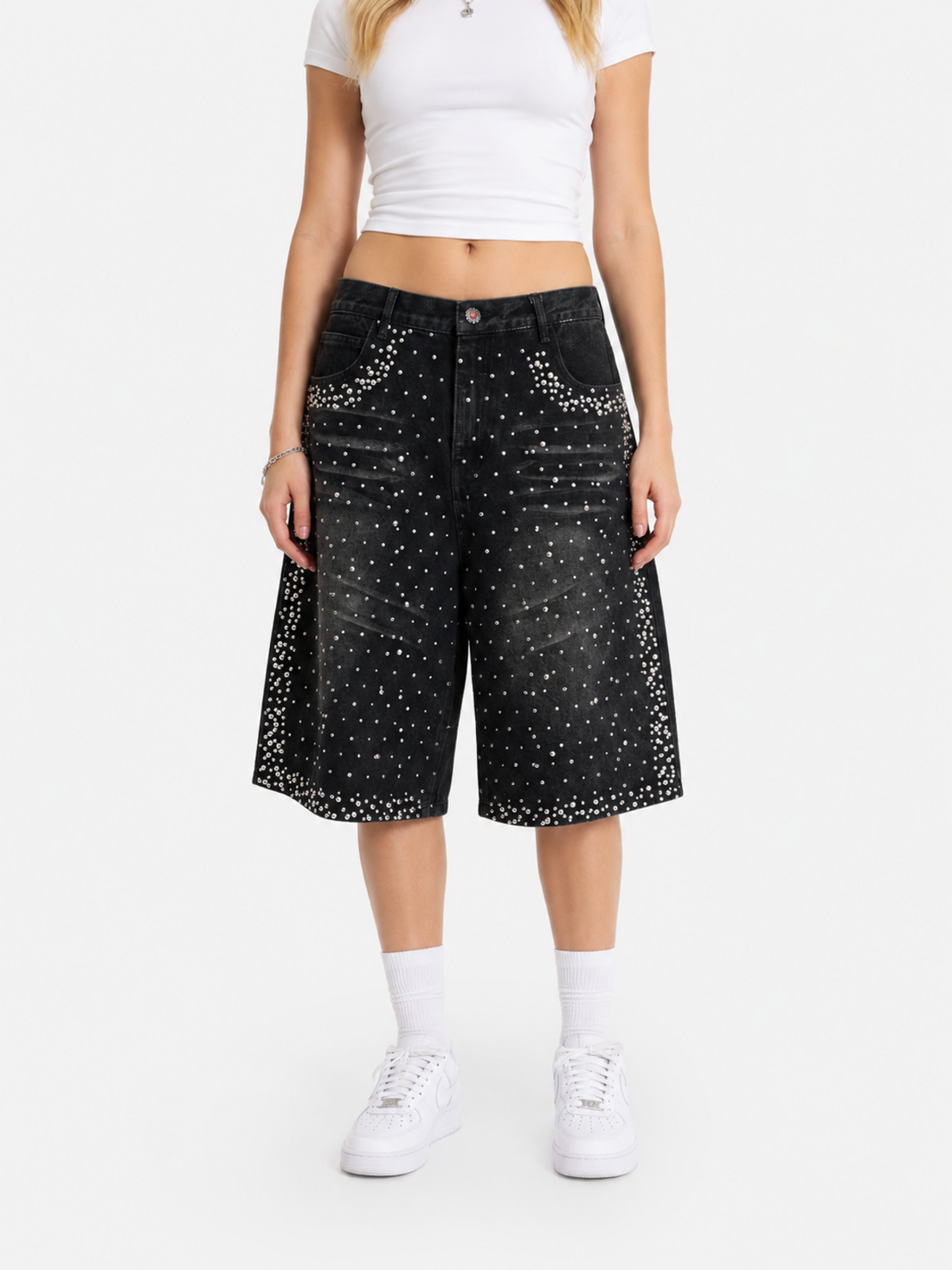 DIAMONDO - Baggy Rhinestone Denim Shorts