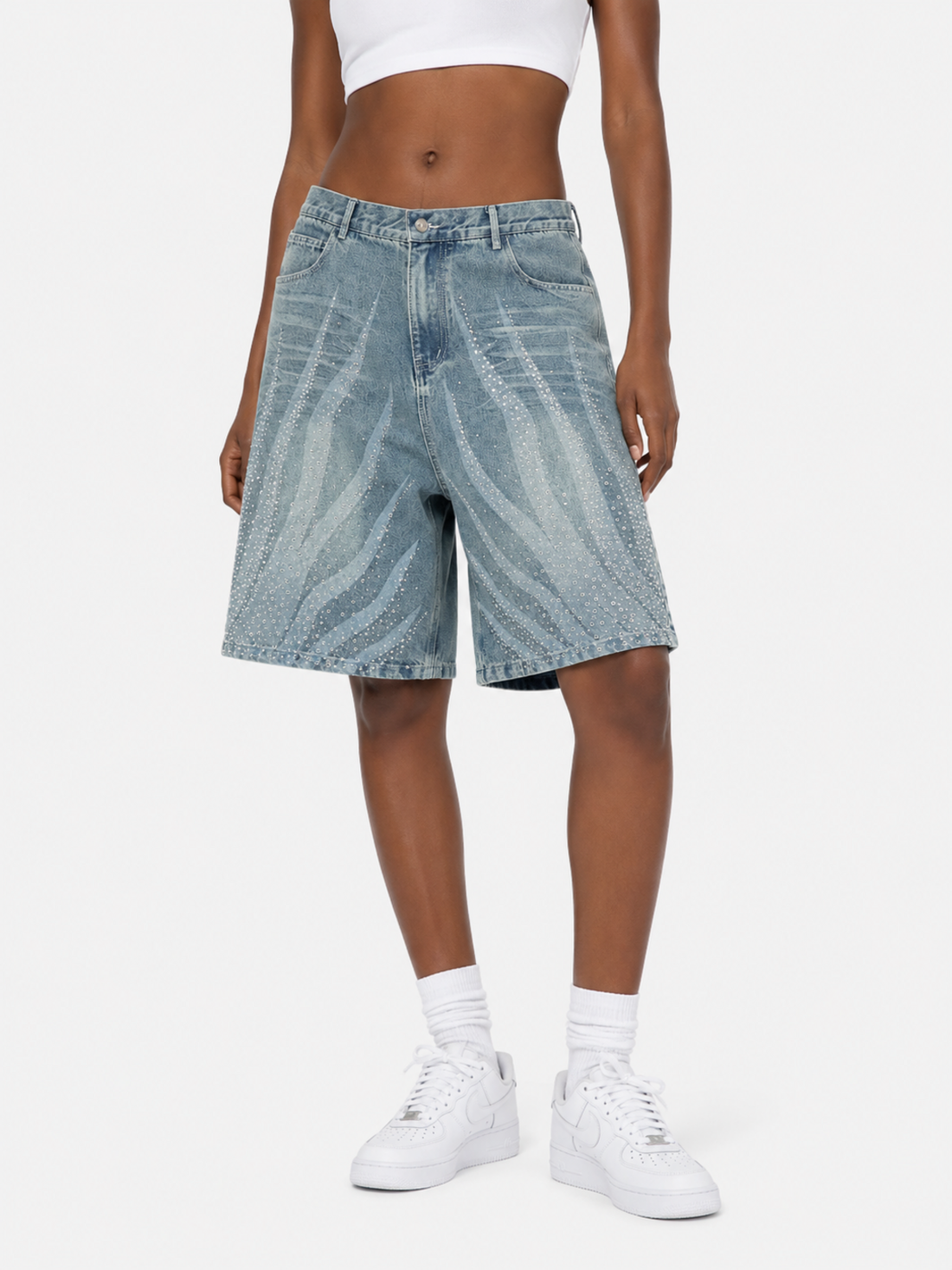 FLAMY - Baggy Rhinestone Denim Shorts